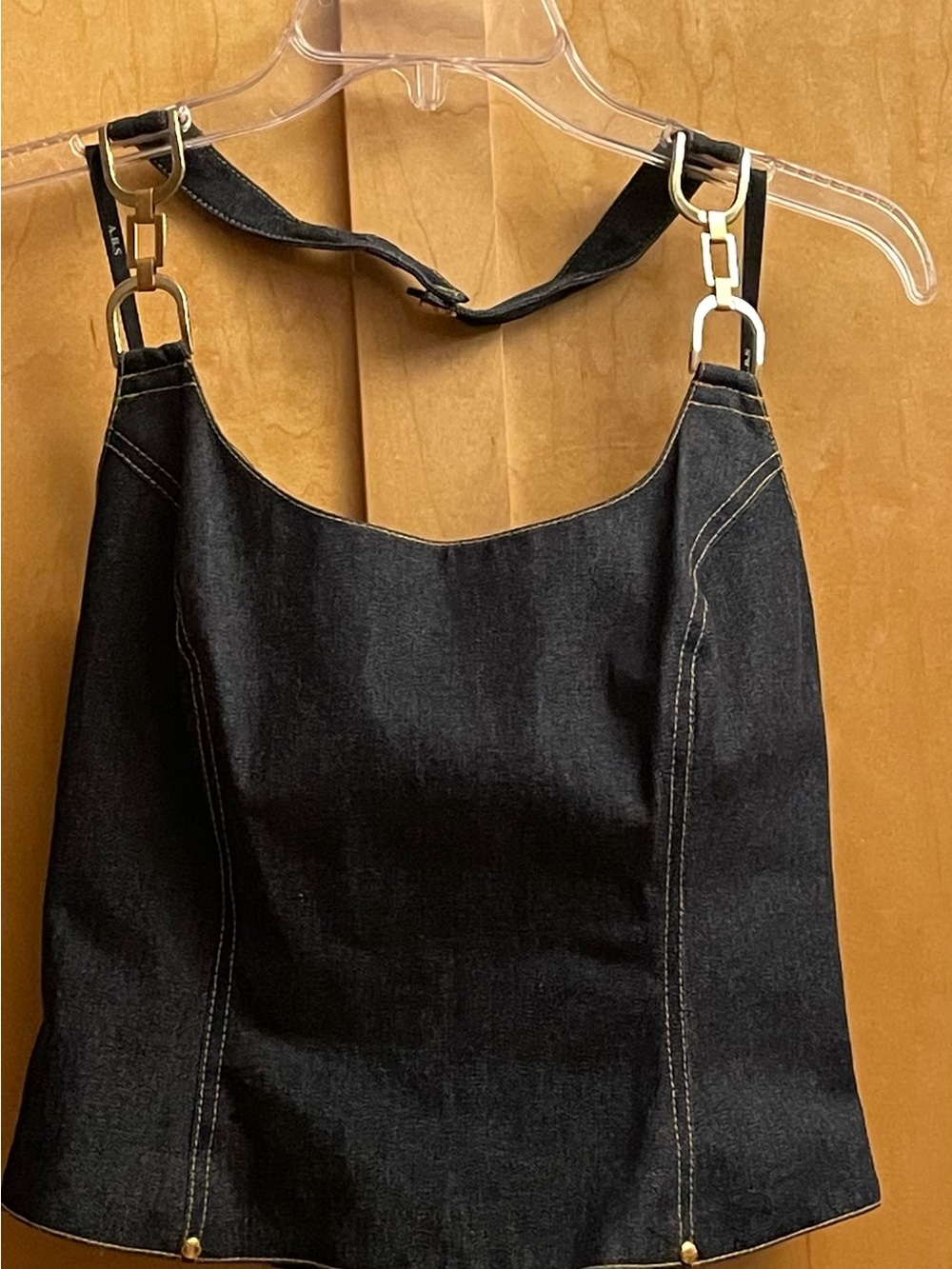 Allen B. By Allen Schwartz Black Denim Halter Crop Top with Gold Rings